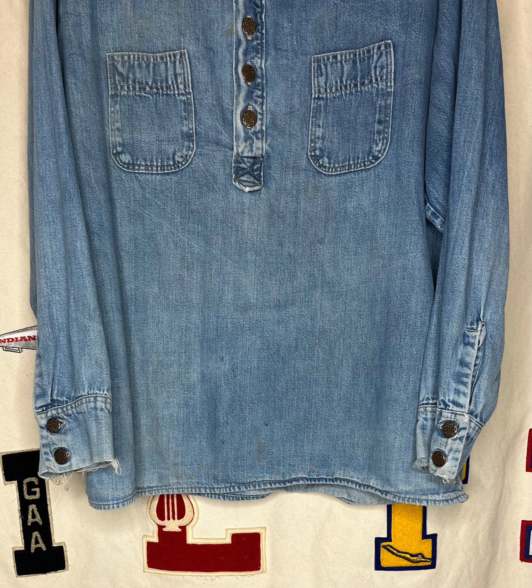 70s Denim Half-Button Work-Shirt: L