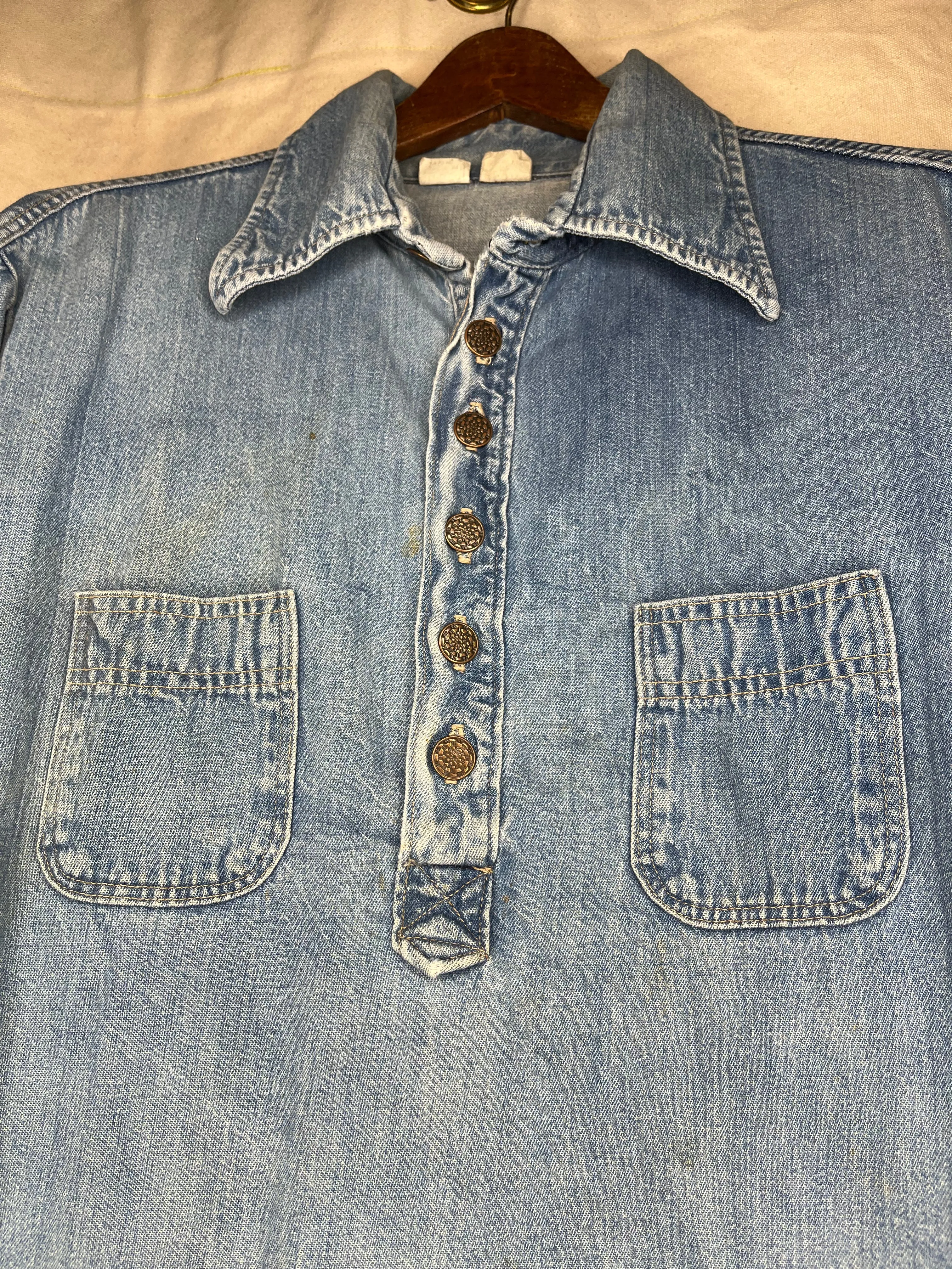70s Denim Half-Button Work-Shirt: L