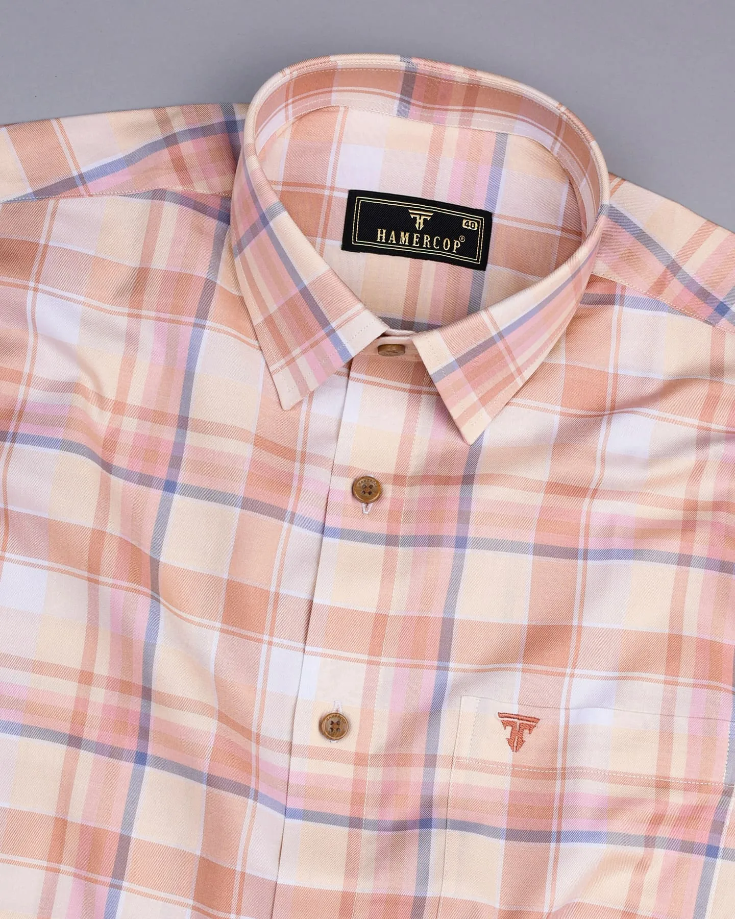 Almond Cream Multicolored Twill Check Premium Cotton Shirt