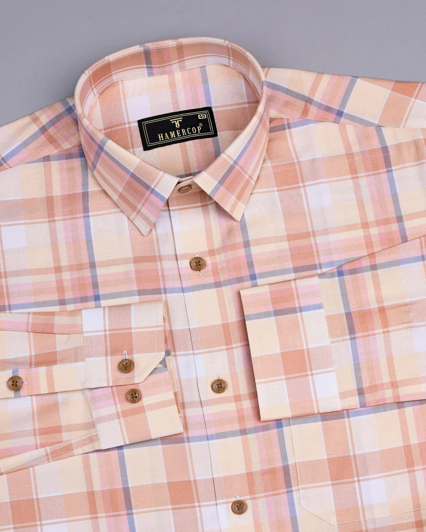 Almond Cream Multicolored Twill Check Premium Cotton Shirt