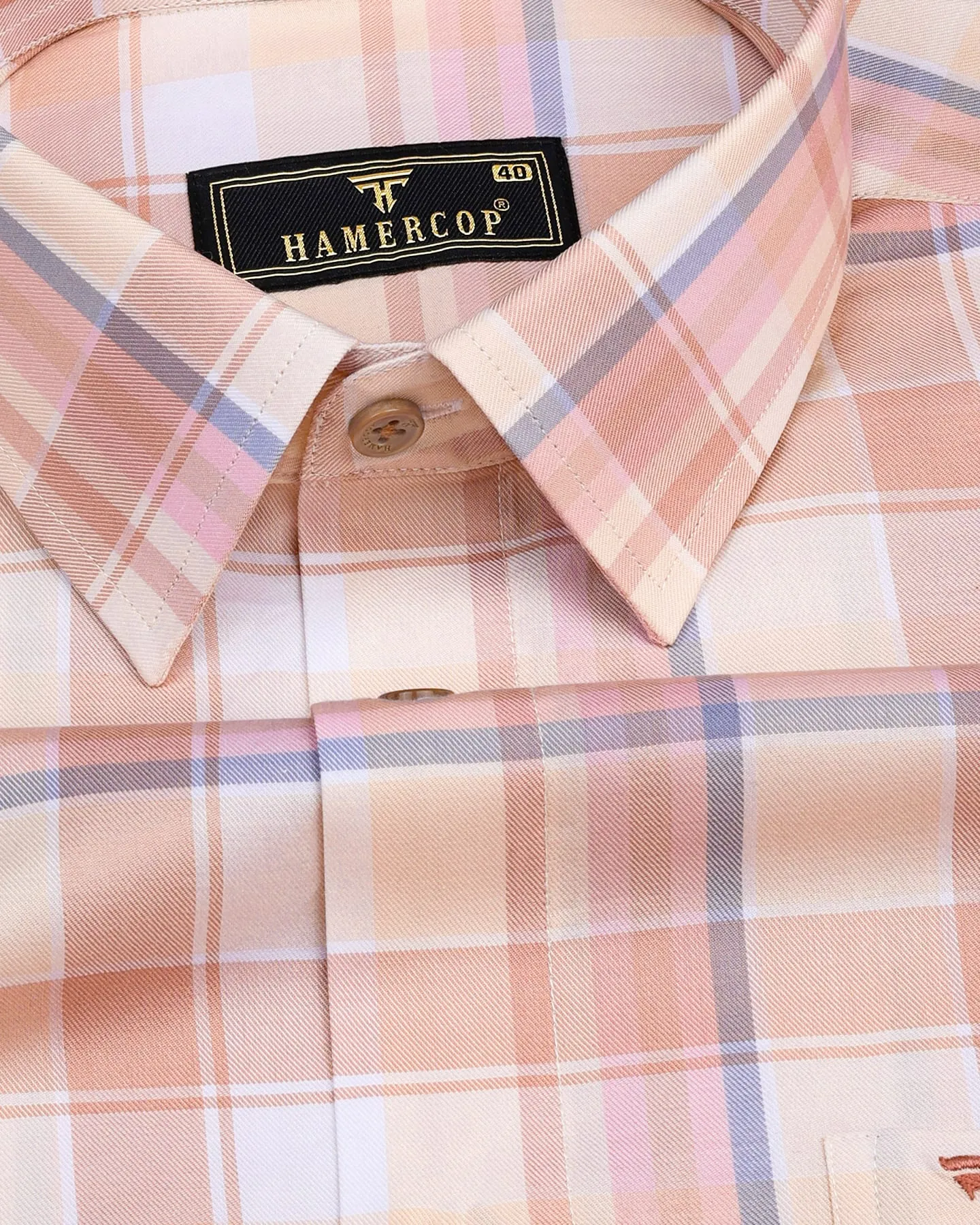 Almond Cream Multicolored Twill Check Premium Cotton Shirt