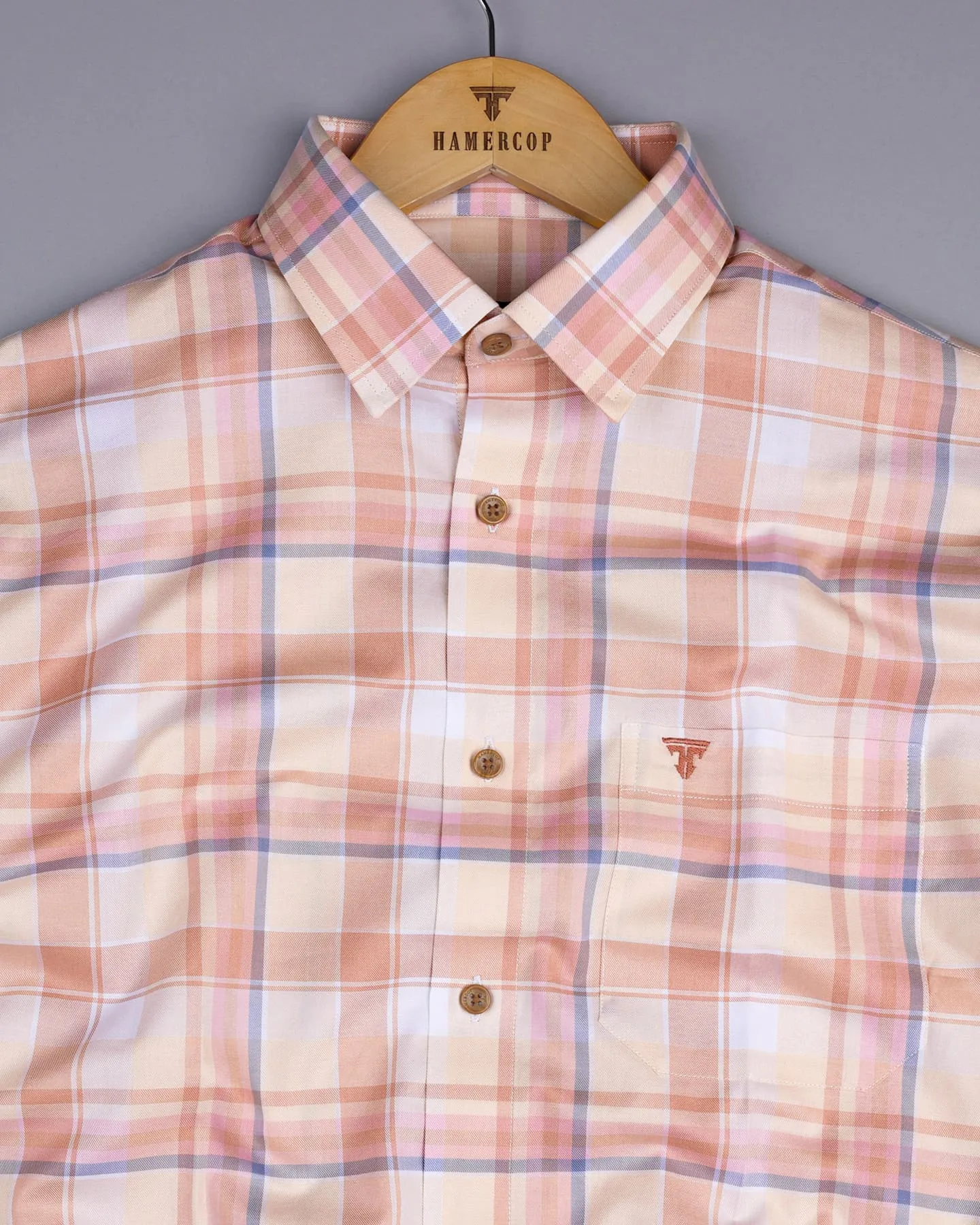 Almond Cream Multicolored Twill Check Premium Cotton Shirt