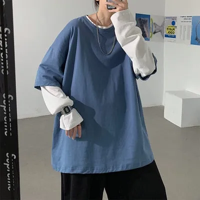 Autumn Spring Fashion Oversized Fake Two Pieces Black Grey Tshirt Men's Long Sleeve Casual O Neck T-Shirt For Man TOP TEES