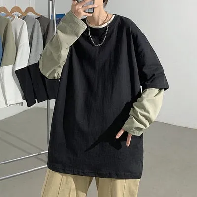 Autumn Spring Fashion Oversized Fake Two Pieces Black Grey Tshirt Men's Long Sleeve Casual O Neck T-Shirt For Man TOP TEES