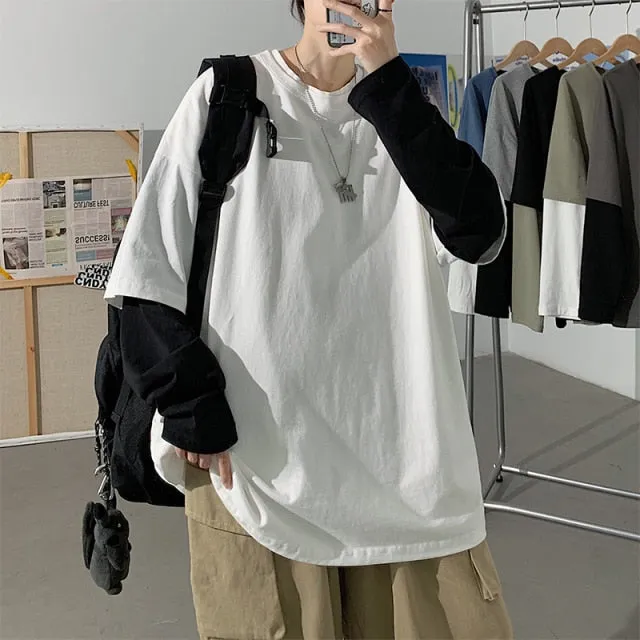 Autumn Spring Fashion Oversized Fake Two Pieces Black Grey Tshirt Men's Long Sleeve Casual O Neck T-Shirt For Man TOP TEES