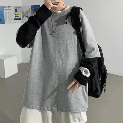 Autumn Spring Fashion Oversized Fake Two Pieces Black Grey Tshirt Men's Long Sleeve Casual O Neck T-Shirt For Man TOP TEES