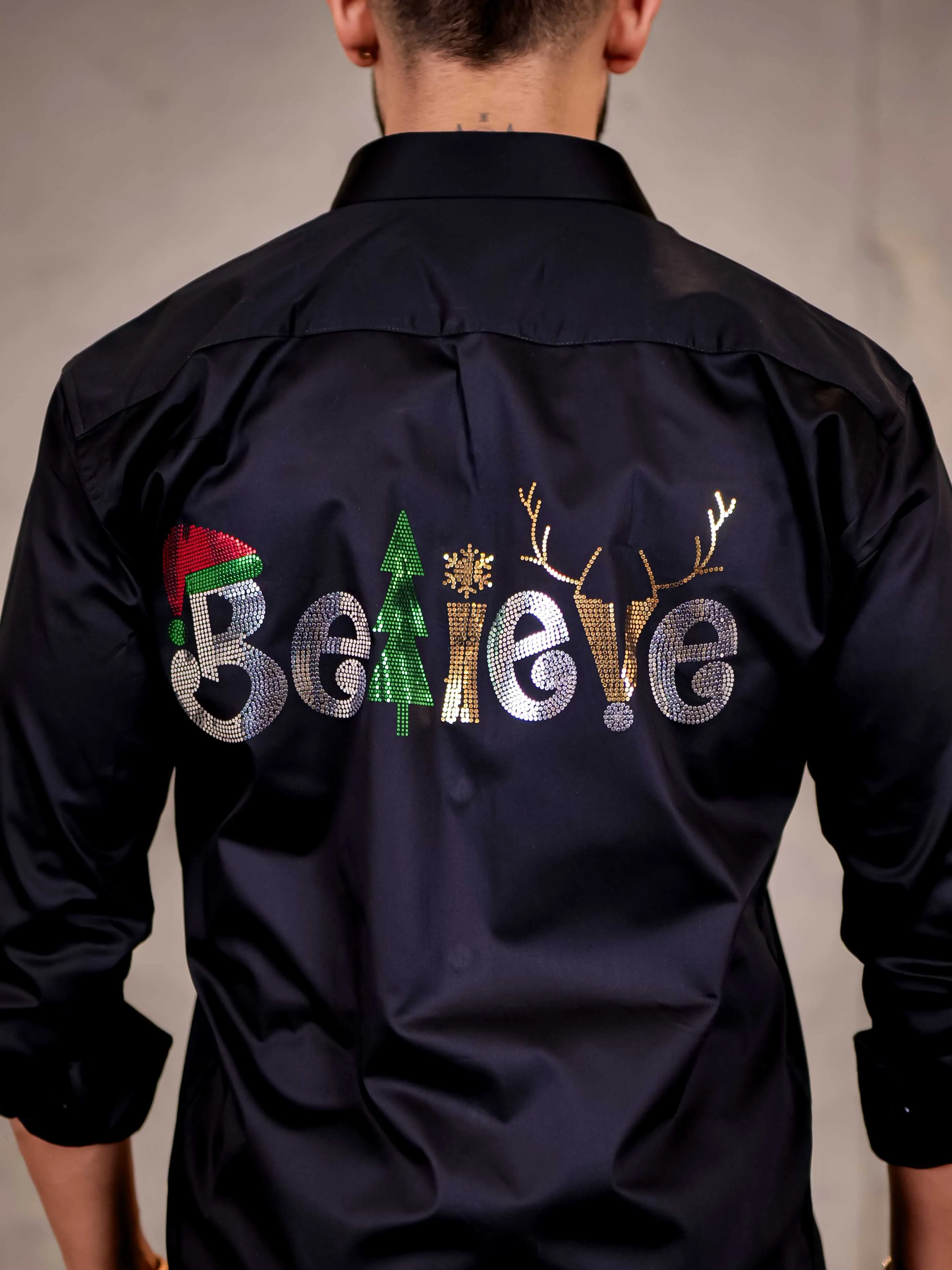 Believe Black Sequence Club Wear Satin Cotton Party Shirt