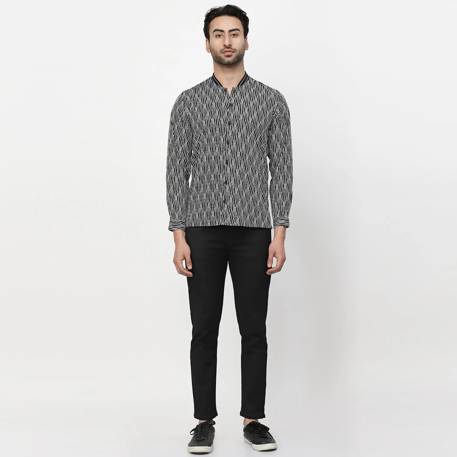 Black & White Polka Shirt With Ribbed Collar