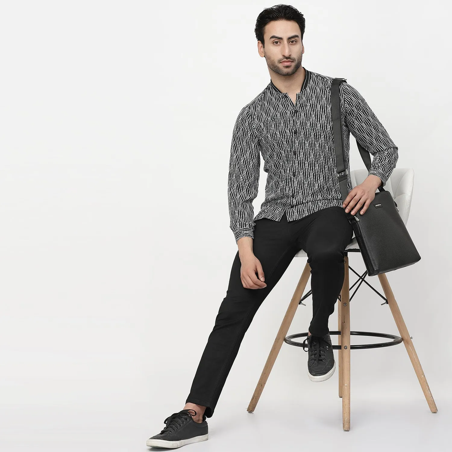 Black & White Polka Shirt With Ribbed Collar
