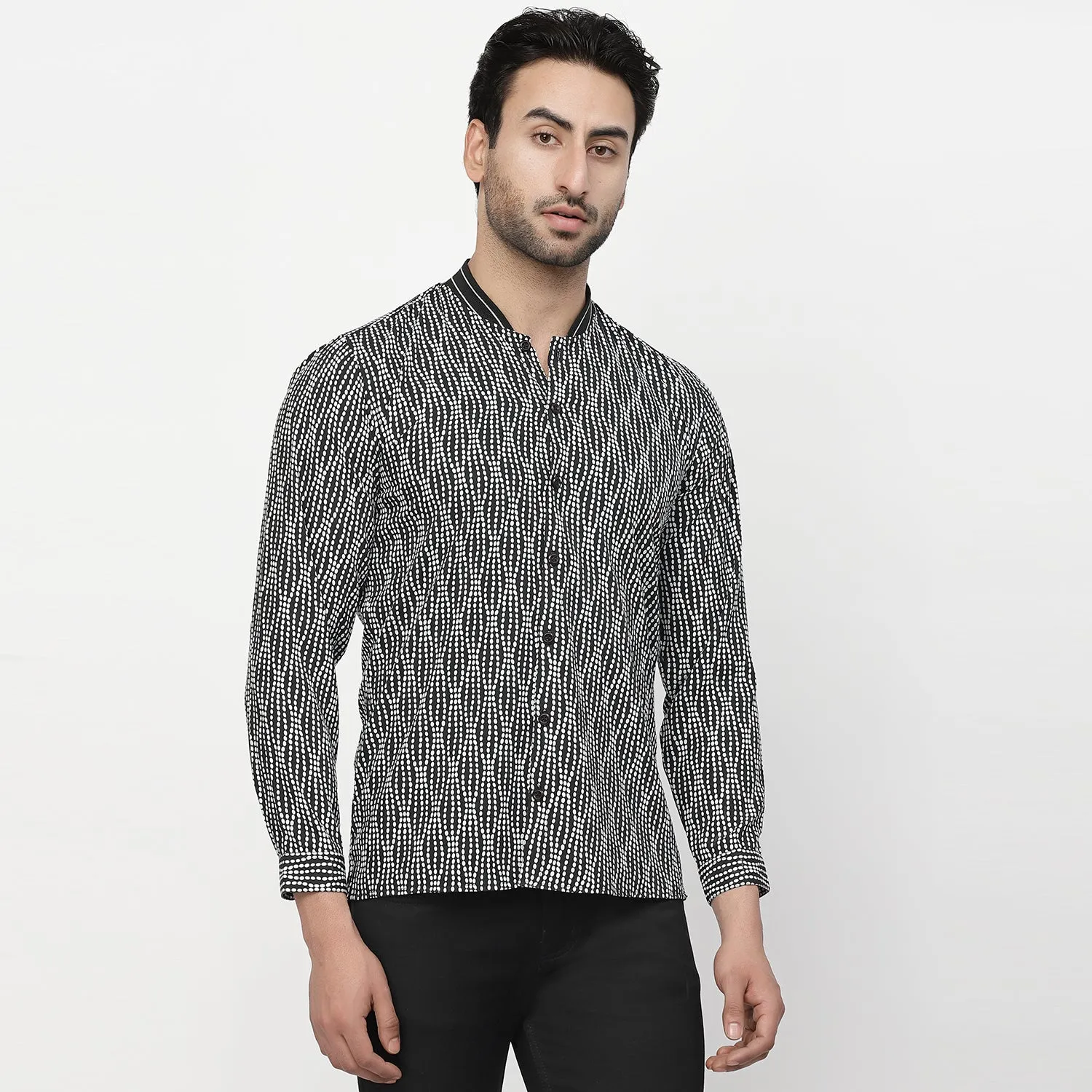 Black & White Polka Shirt With Ribbed Collar
