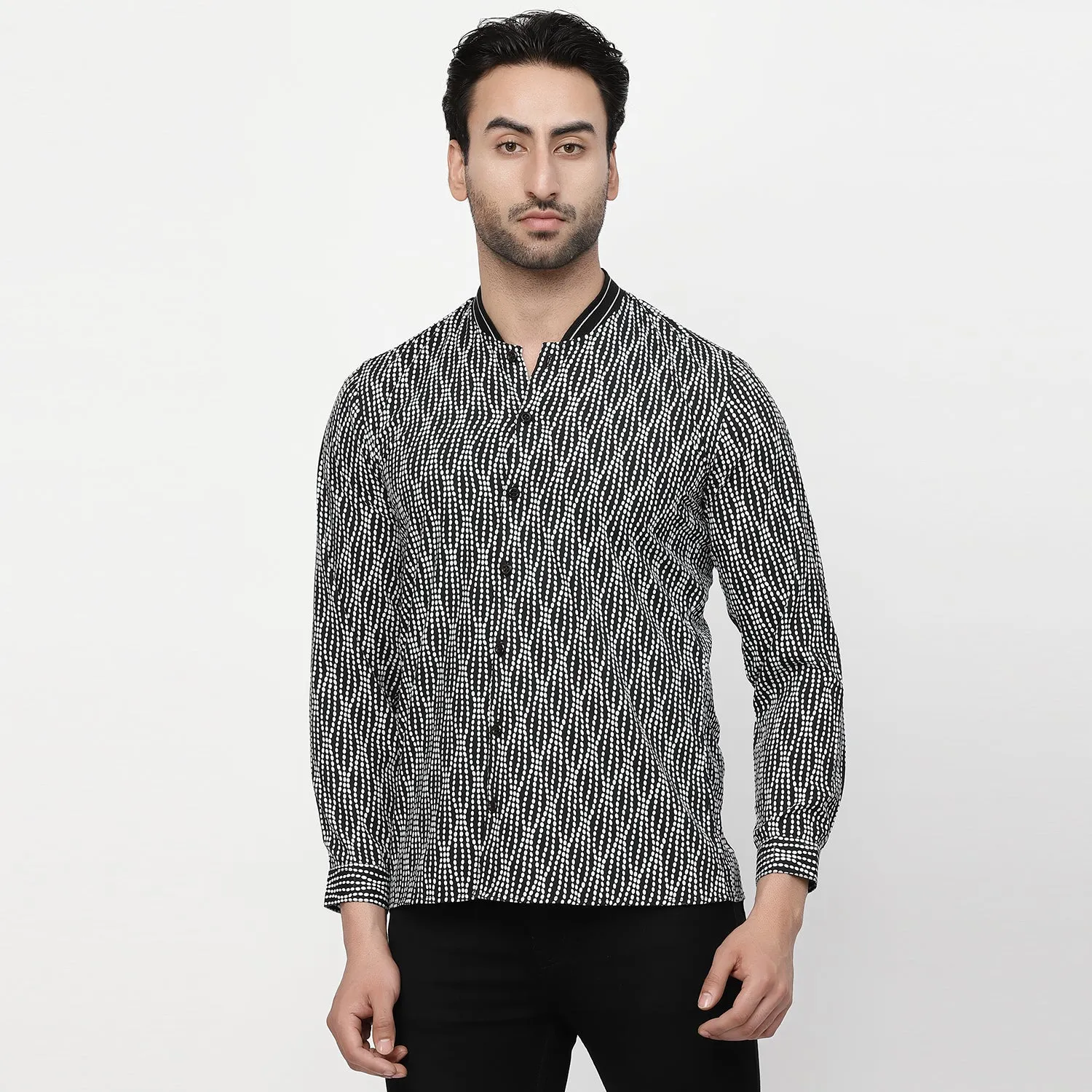 Black & White Polka Shirt With Ribbed Collar