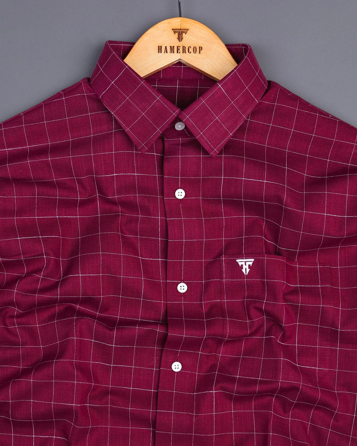 Bloro Beet Red With White Thread Check Amsler Linen Shirt