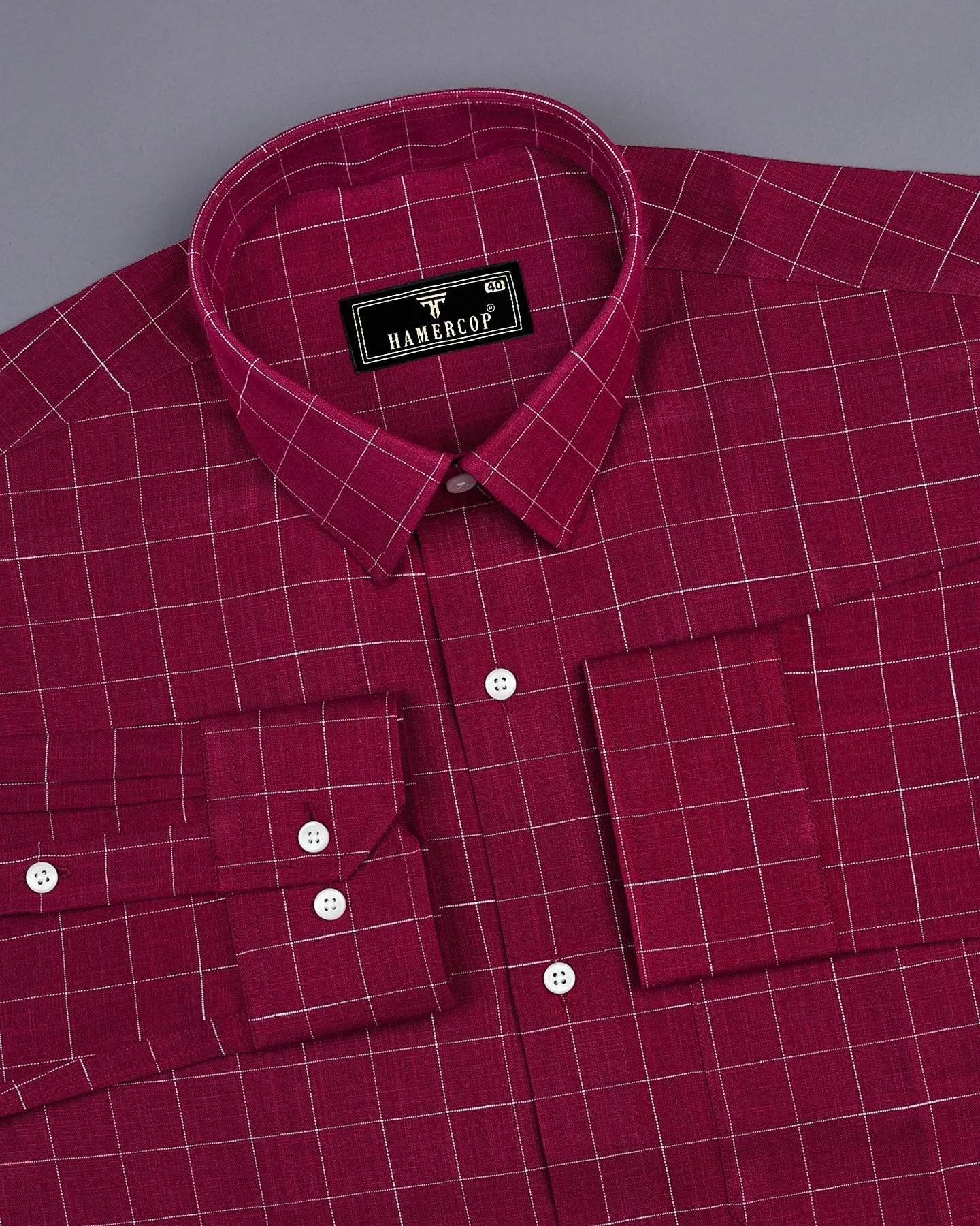 Bloro Beet Red With White Thread Check Amsler Linen Shirt