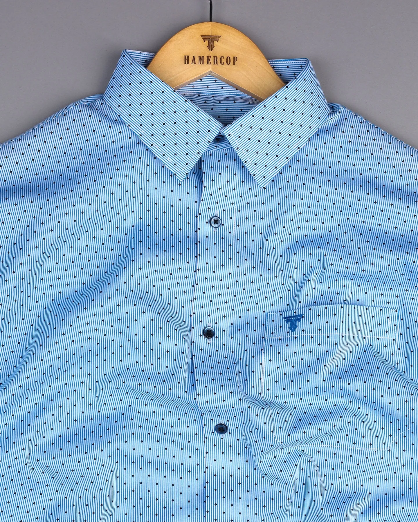 Blue Pencil Stripe With Black Diamond Printed Cotton Shirt