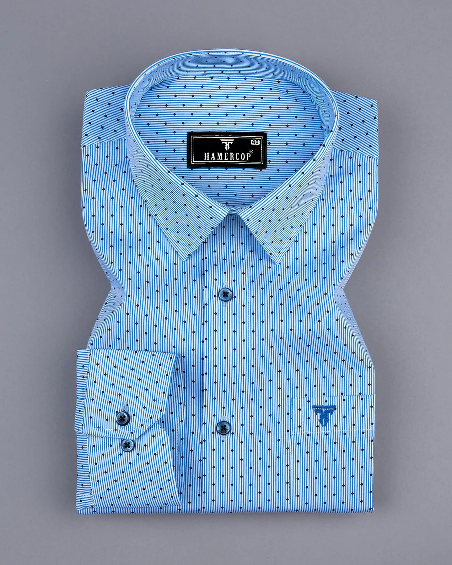 Blue Pencil Stripe With Black Diamond Printed Cotton Shirt