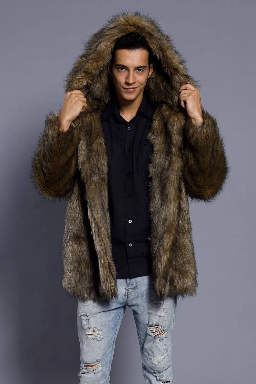 Brown Open Front Lapel Neck Long Faux Fur Men Coat