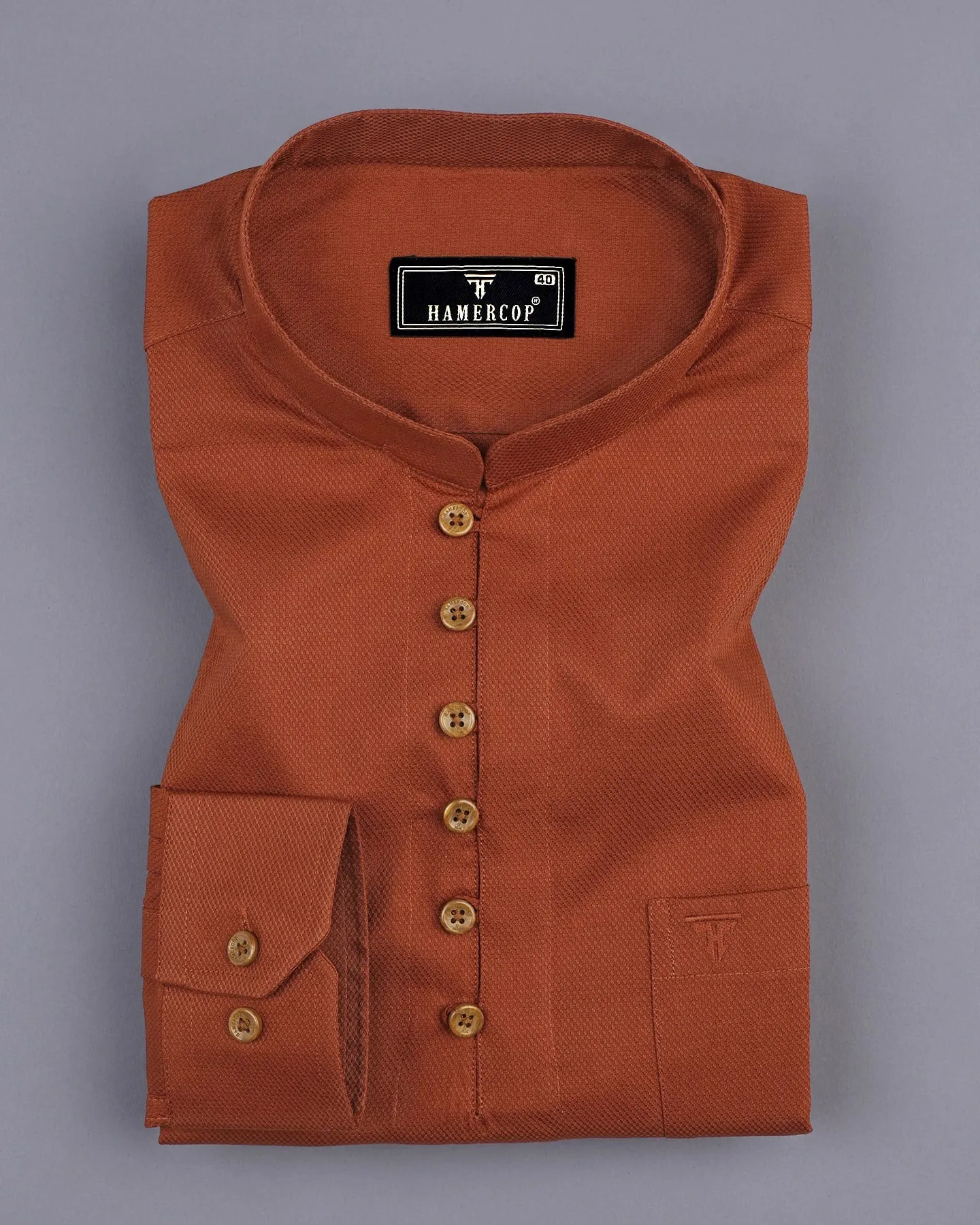 Burnt Orange Dobby Textured Shirt Style Kurta