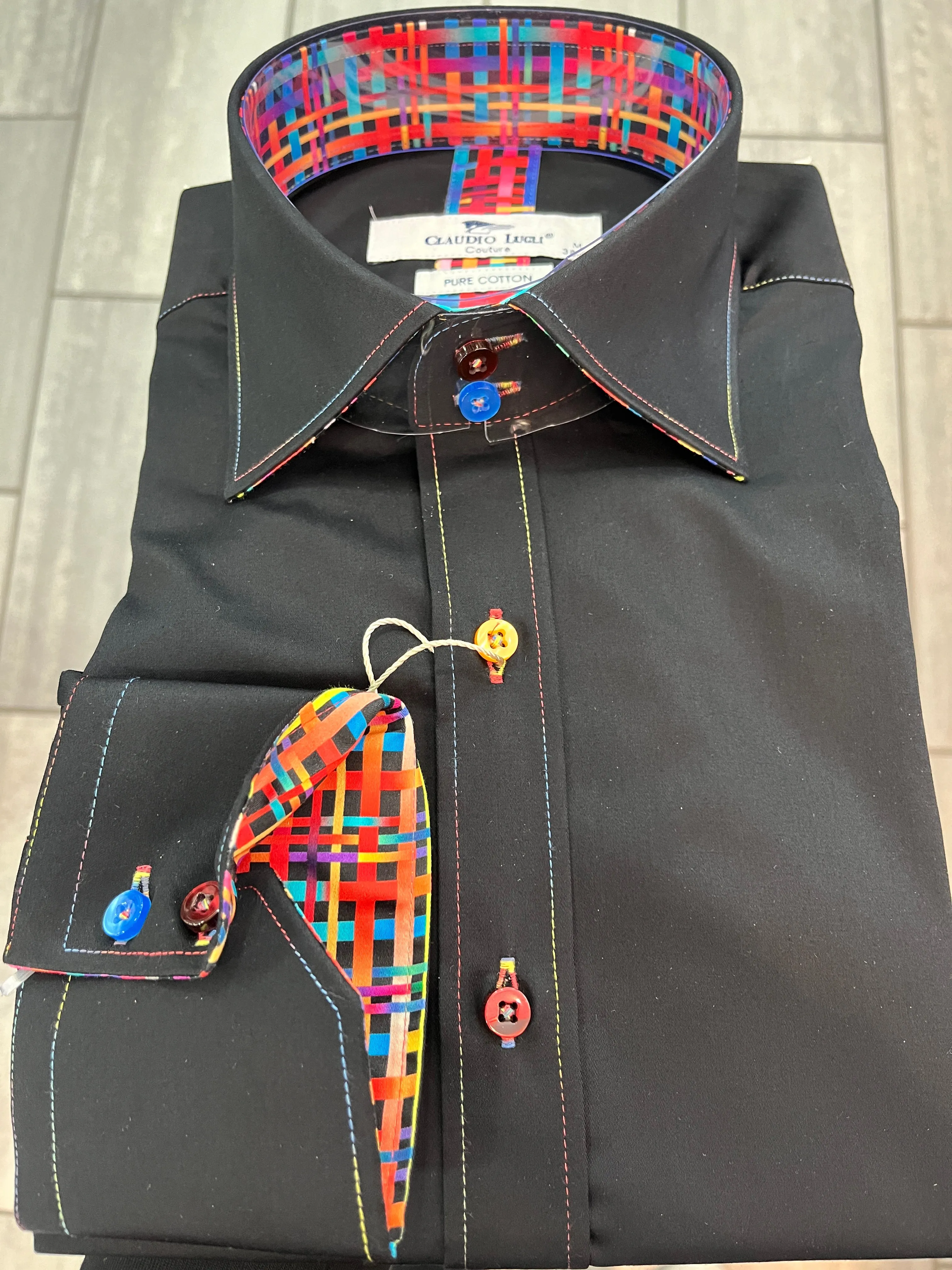 Claudio Lugli Multi Coloured Stitch Collar Mens Long Sleeve Shirt - Black - Cp6943