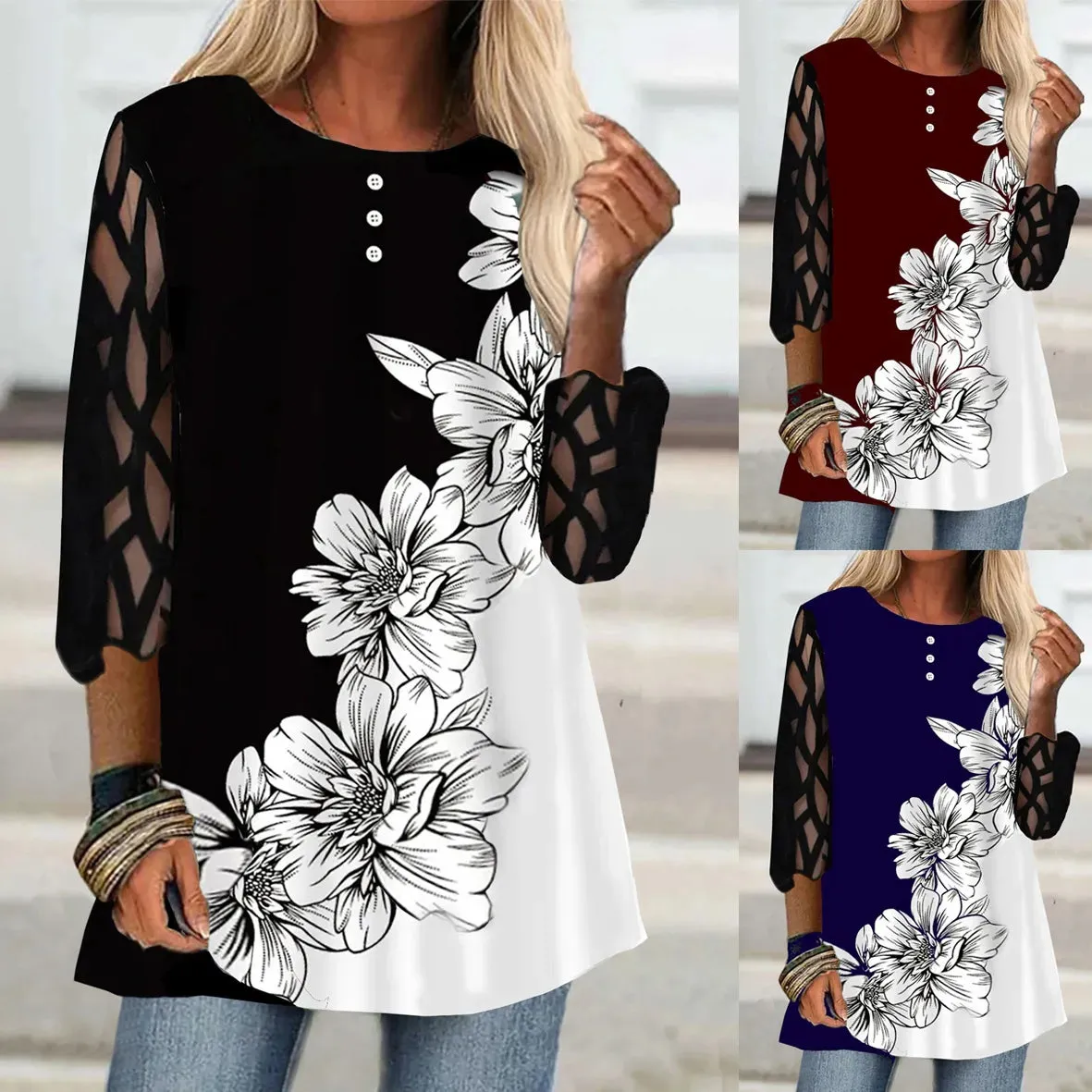 Funki Buys | Shirts | Women's Plus Splice Flower Print Blouse
