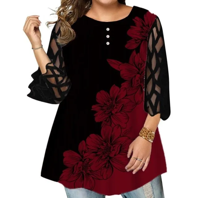 Funki Buys | Shirts | Women's Plus Splice Flower Print Blouse