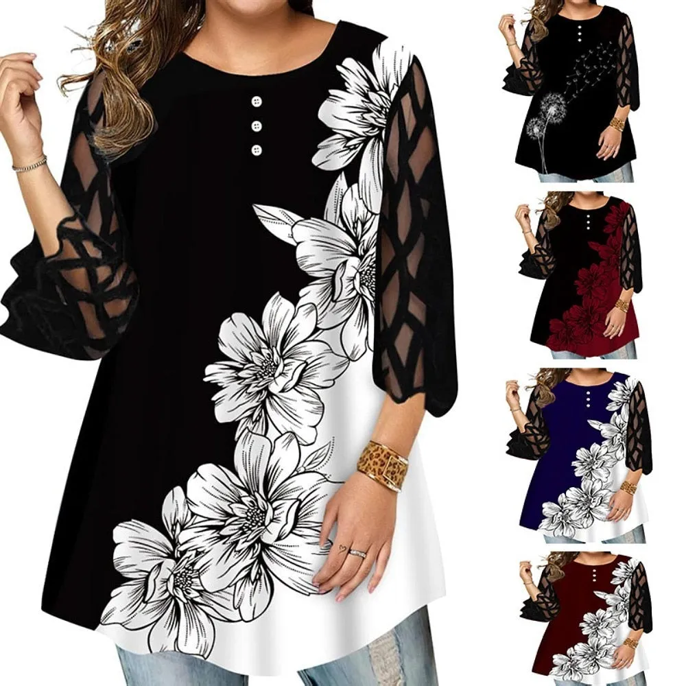 Funki Buys | Shirts | Women's Plus Splice Flower Print Blouse