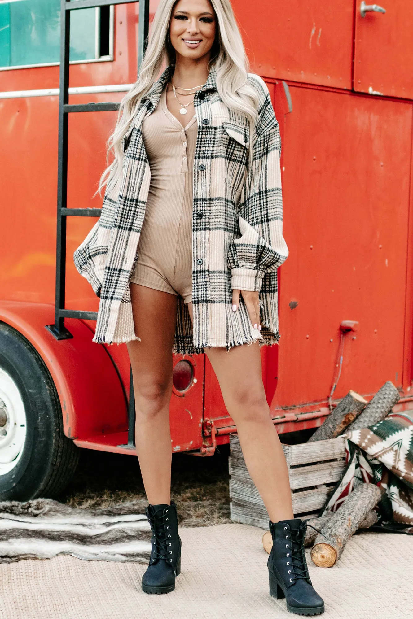 Getting Lost Plaid Shacket (Beige)