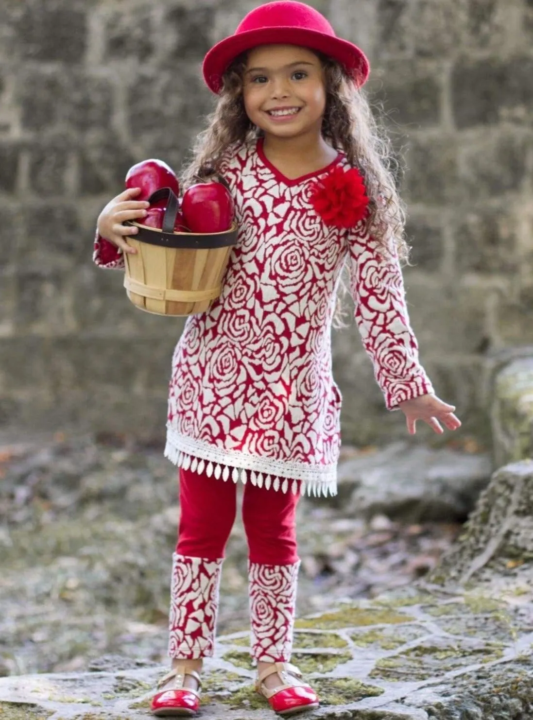 Girls V-Neck Long Sleeve Trimmed Tunic And Cuffed Legging Set
