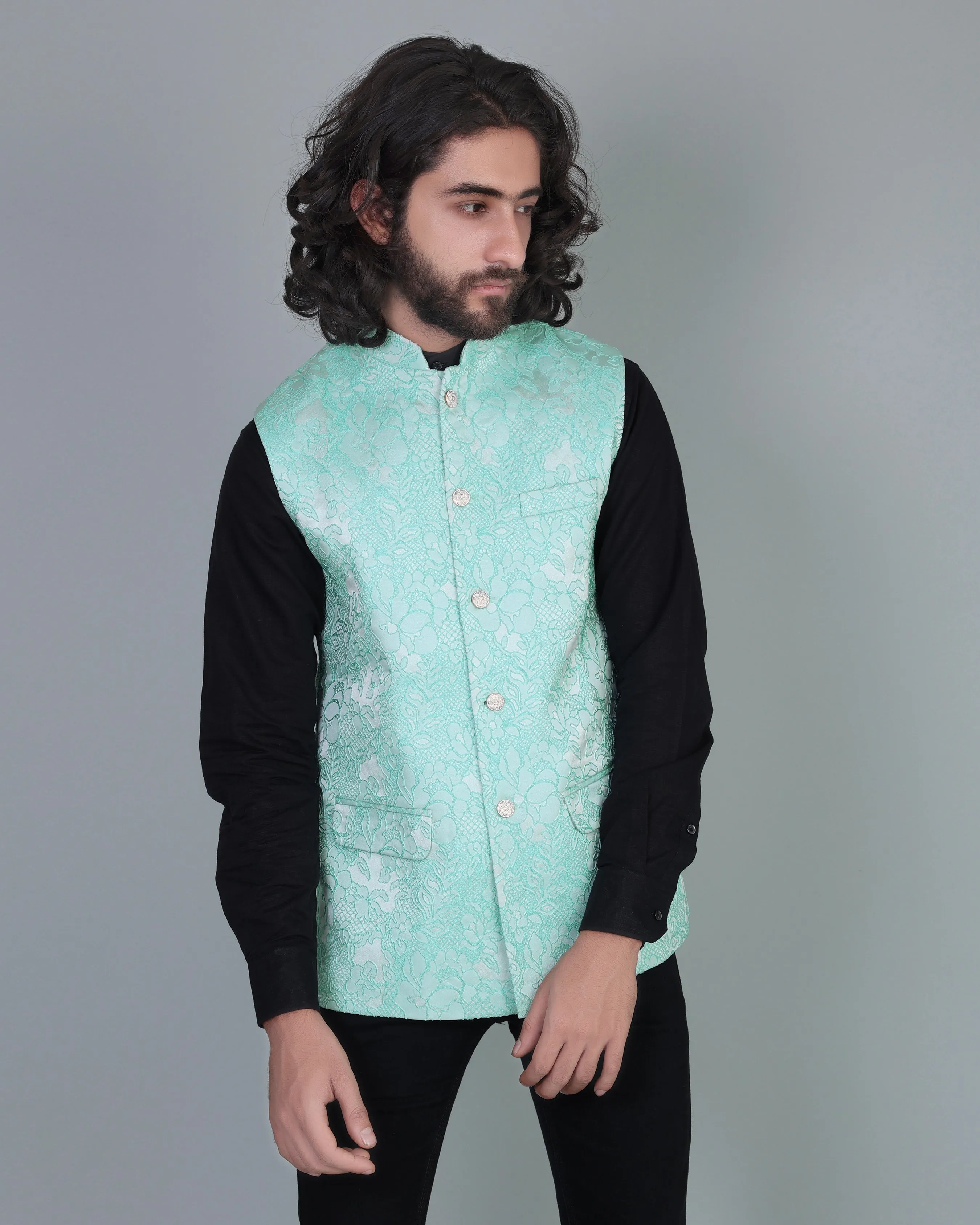 Green Gorgious Flower Printed Jacquard Designer Nehru Jacket