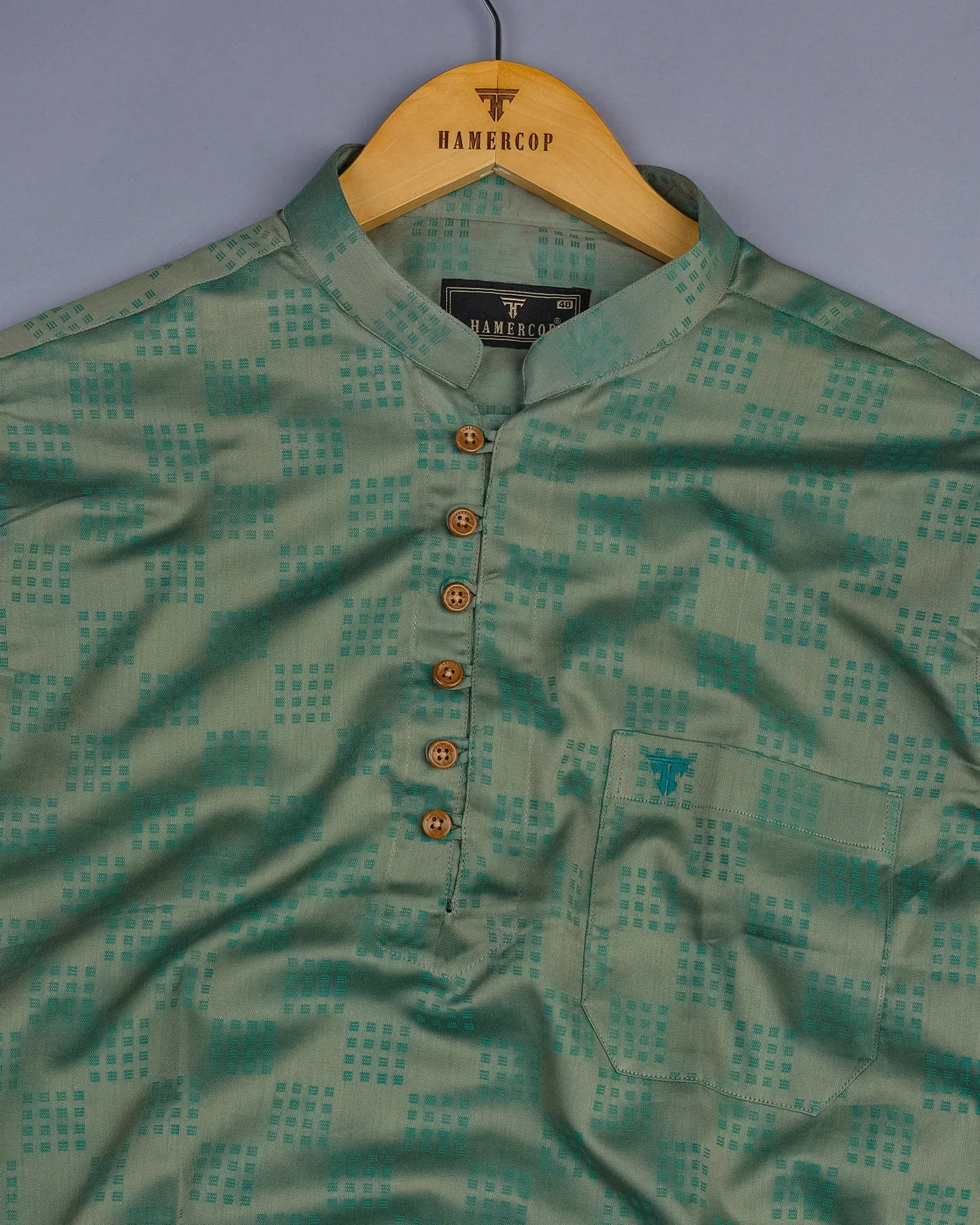 Green Sorbet Jacquard Square Checks Cotton Shirt Style Kurta