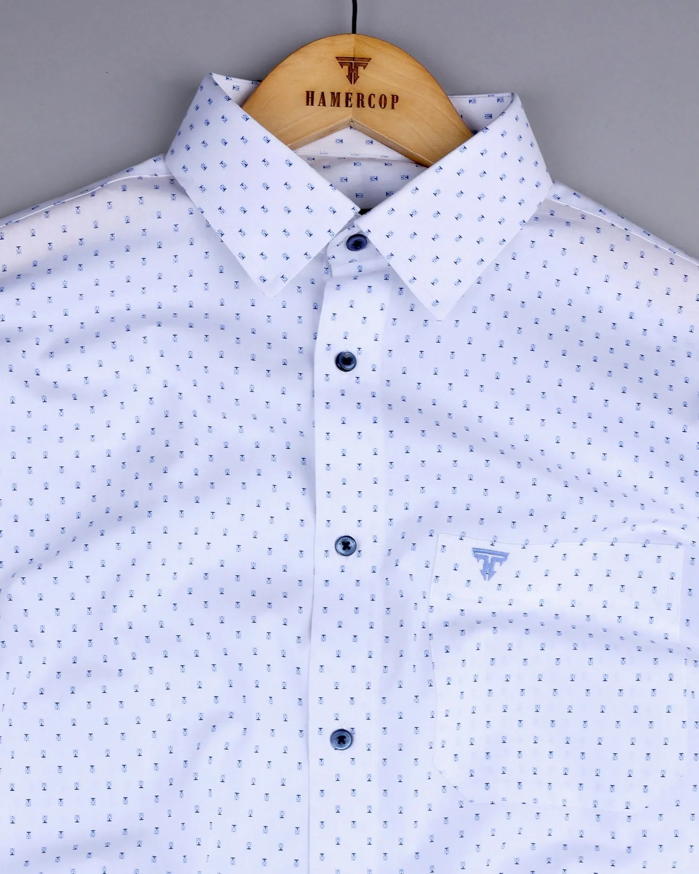Hemlock White With Blue Poplin Printed Cotton Shirt