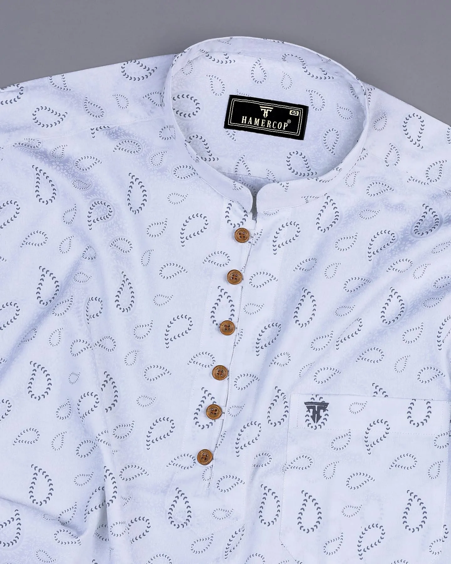 Kenora Gray With White Paisley Printed Satin Shirt Style Kurta