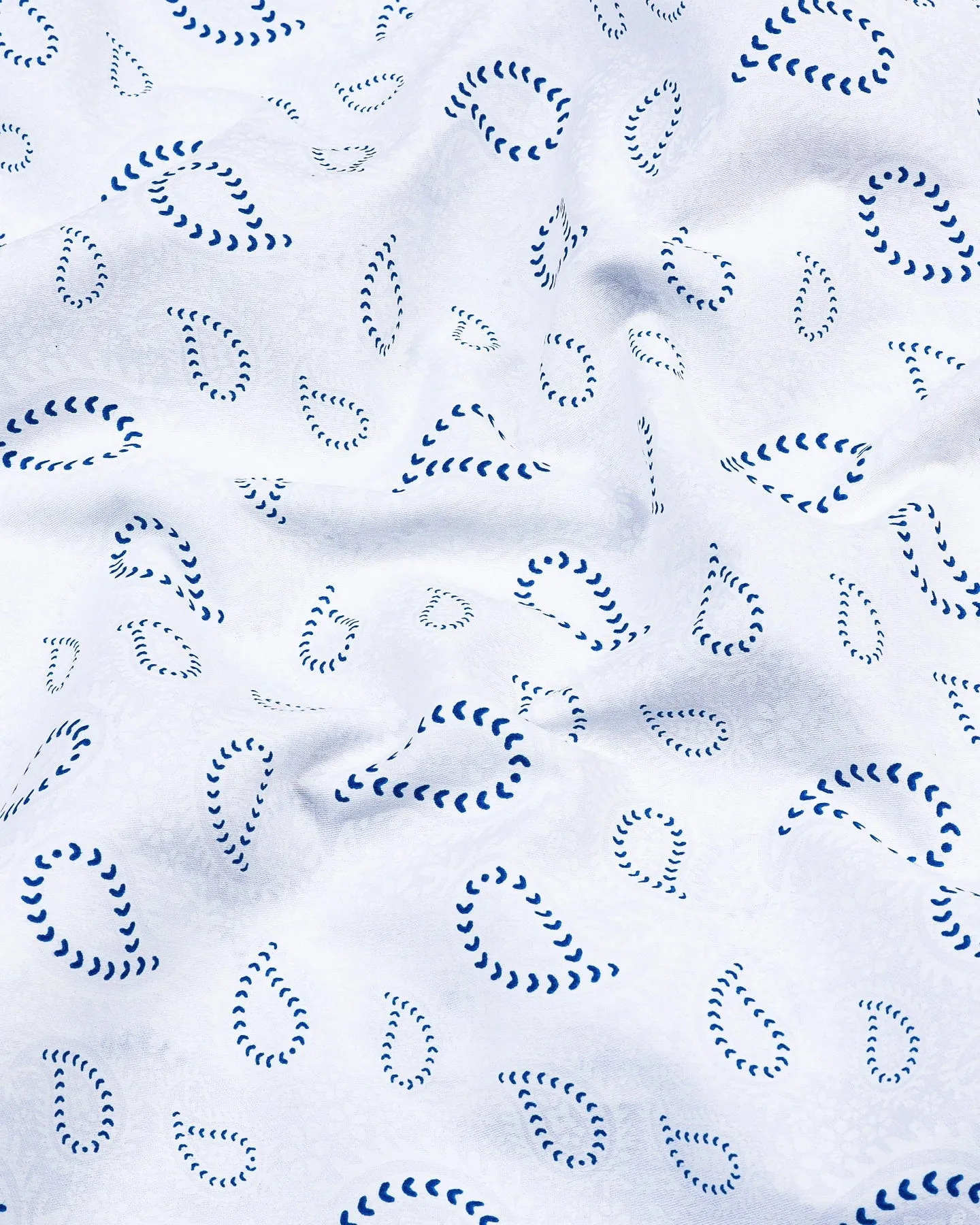 Kenora White With Blue Paisley Printed Satin Cotton Shirt