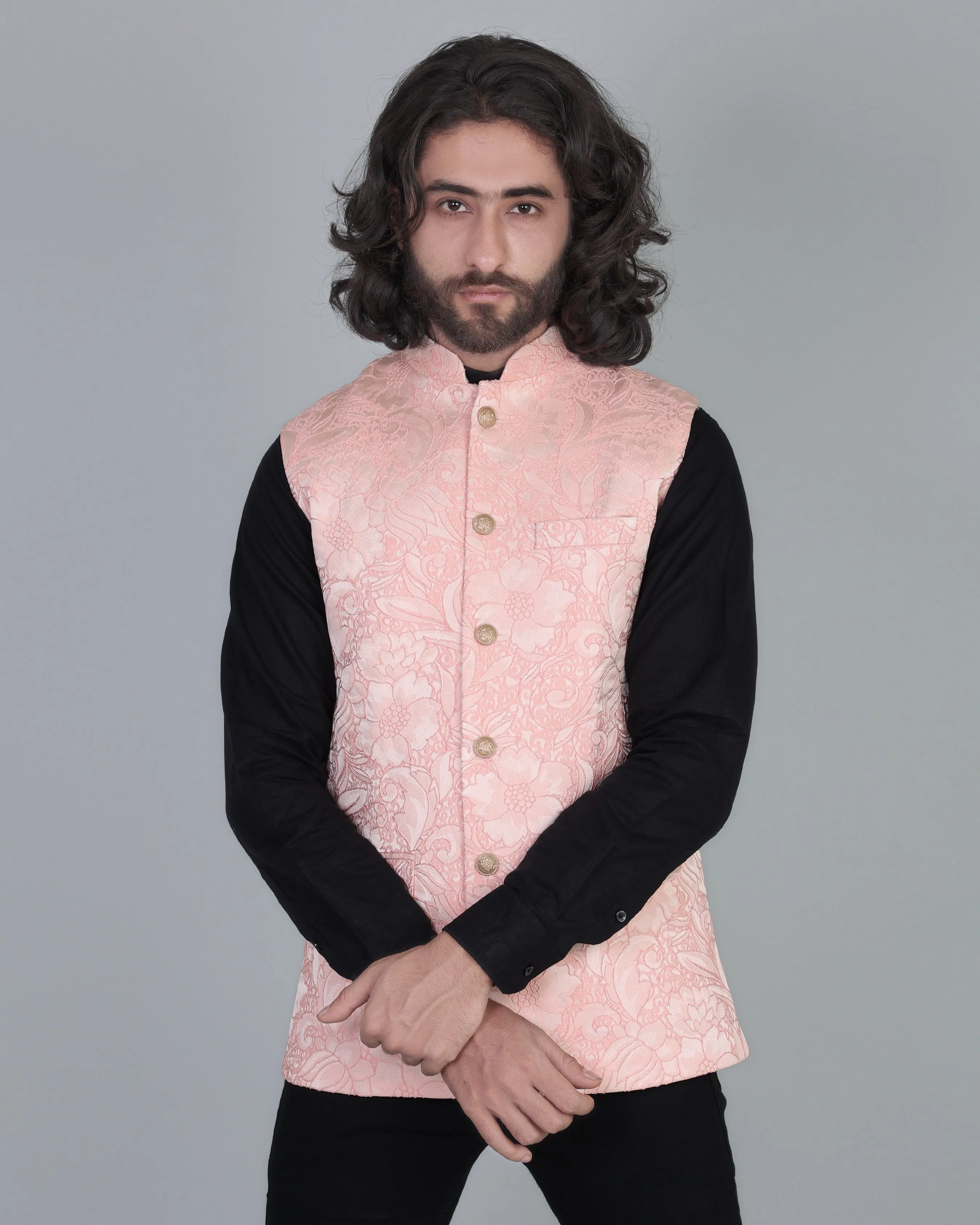 Light Pink Jacquard Designer Nehru Jacket