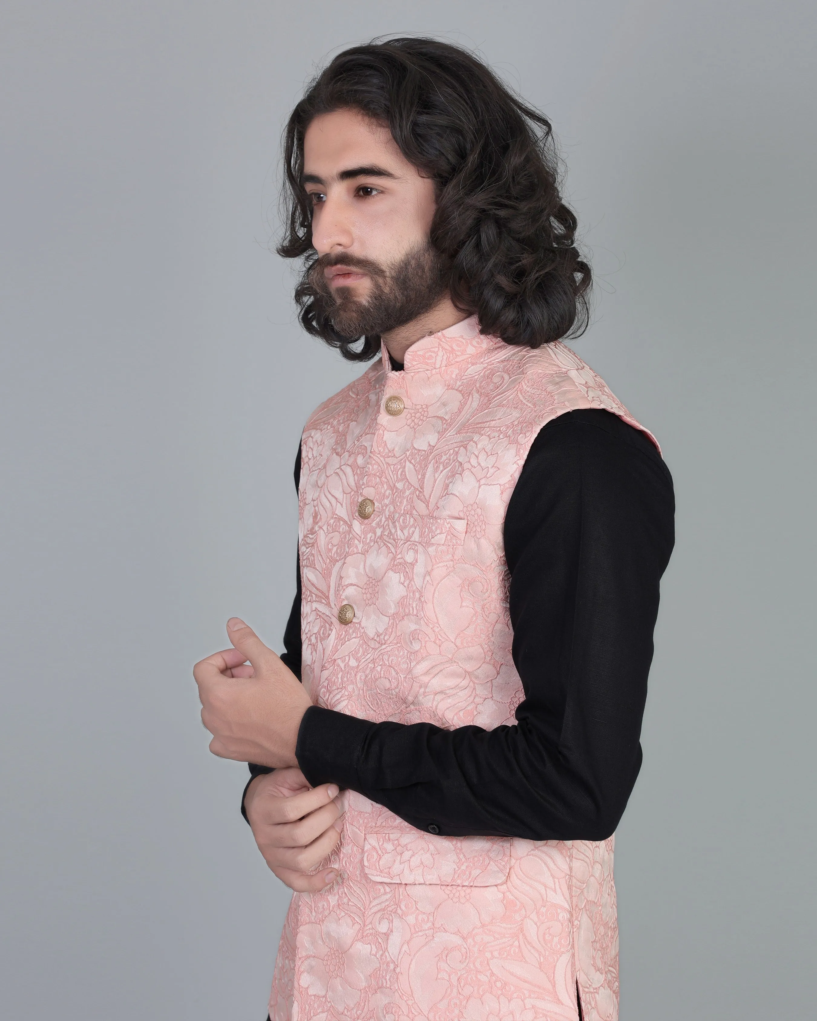 Light Pink Jacquard Designer Nehru Jacket