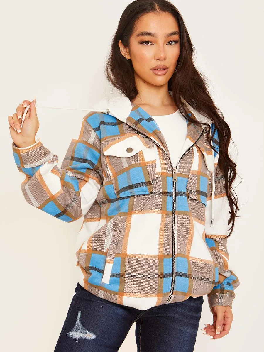 Lisa Thick Checked Shacket With Zip & Hood In Blue