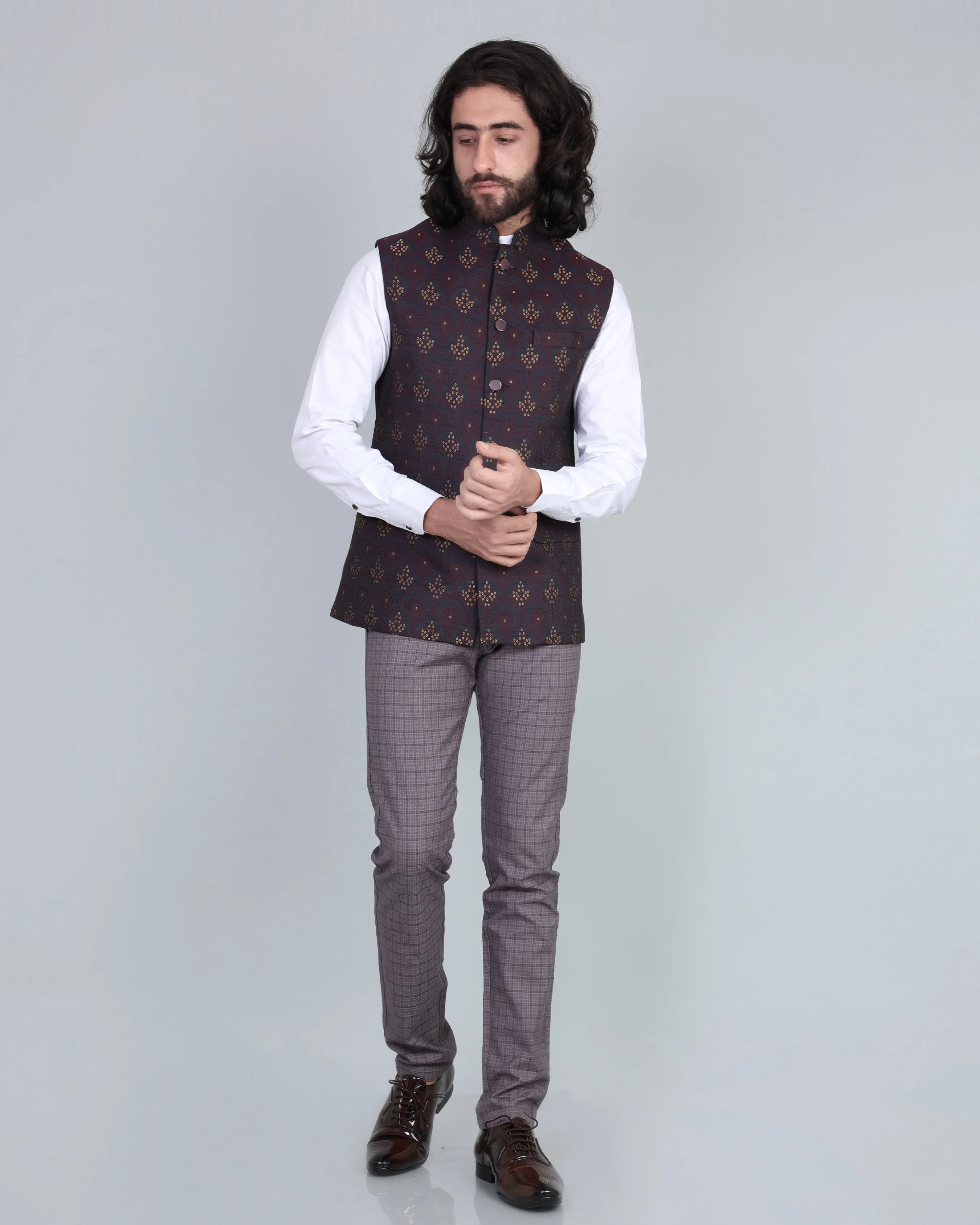 Maroon With Cream Jacquard Designer Nehru Jacket