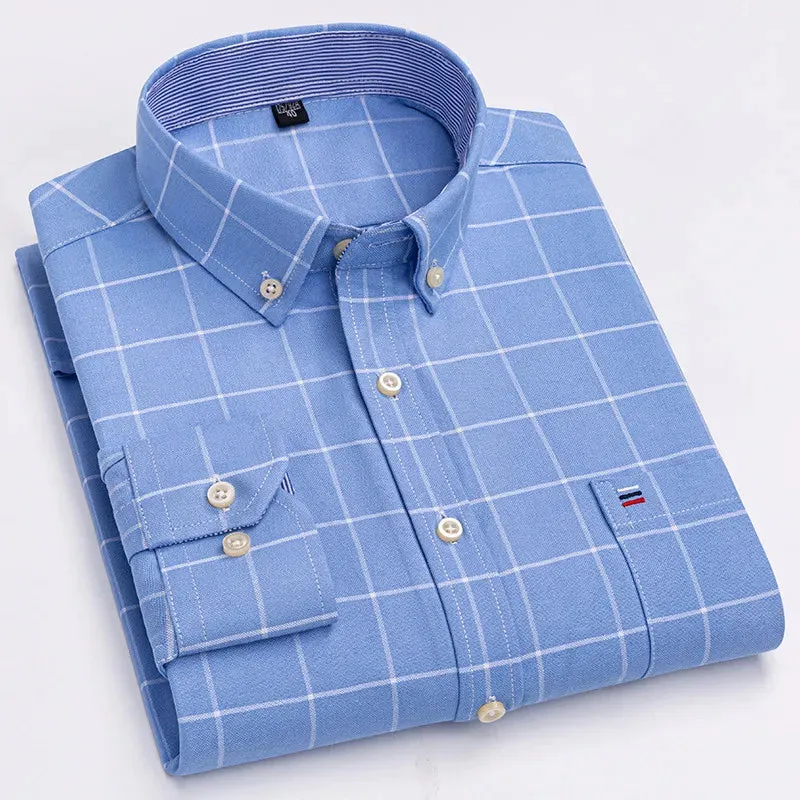 Men's 100% Cotton Long Sleeve Plaid Oxford Shirt: Regular Fit, Formal & Casual, Sizes 5XL-7XL