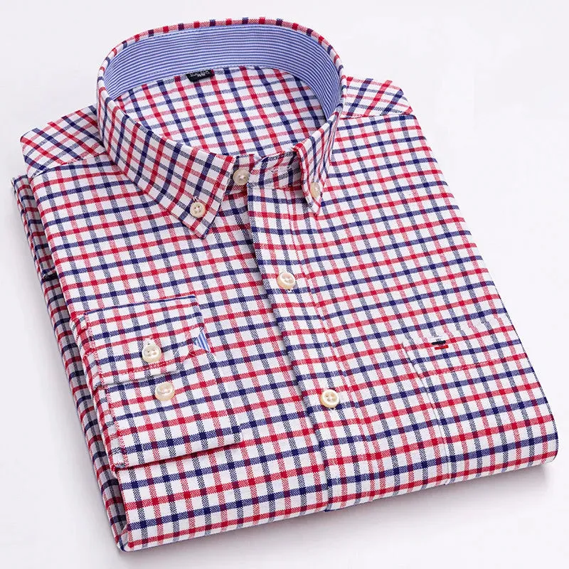 Men's 100% Cotton Long Sleeve Plaid Oxford Shirt: Regular Fit, Formal & Casual, Sizes 5XL-7XL
