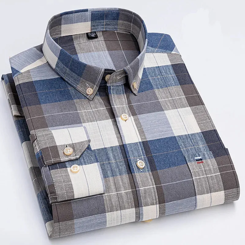 Men's 100% Cotton Long Sleeve Plaid Oxford Shirt: Regular Fit, Formal & Casual, Sizes 5XL-7XL