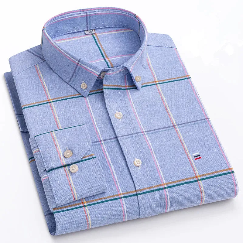 Men's 100% Cotton Long Sleeve Plaid Oxford Shirt: Regular Fit, Formal & Casual, Sizes 5XL-7XL
