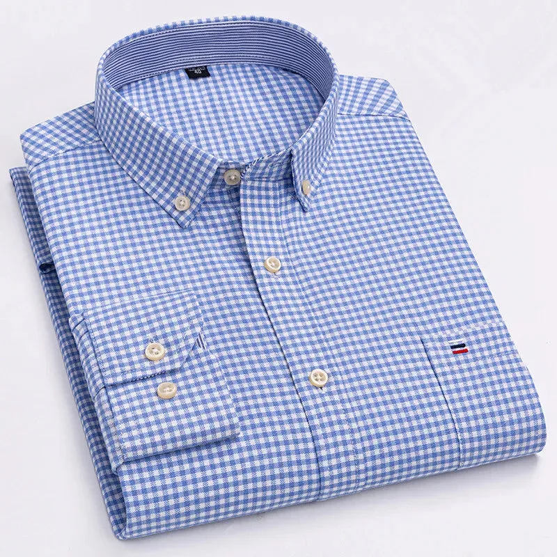 Men's 100% Cotton Long Sleeve Plaid Oxford Shirt: Regular Fit, Formal & Casual, Sizes 5XL-7XL