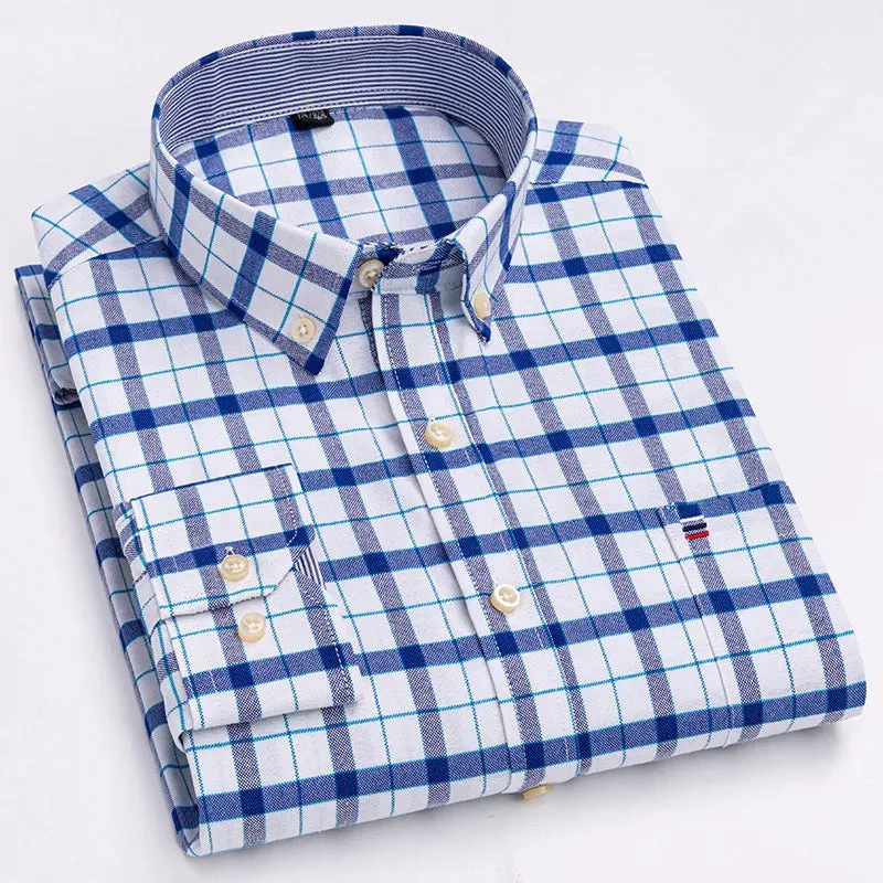 Men's 100% Cotton Long Sleeve Plaid Oxford Shirt: Regular Fit, Formal & Casual, Sizes 5XL-7XL