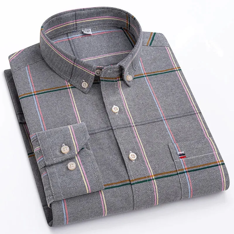 Men's 100% Cotton Long Sleeve Plaid Oxford Shirt: Regular Fit, Formal & Casual, Sizes 5XL-7XL