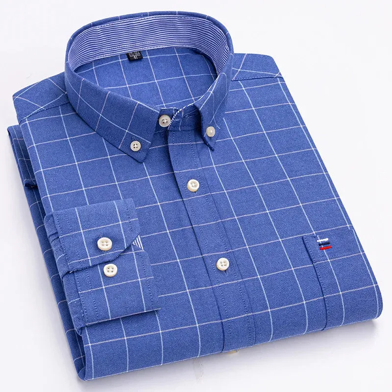 Men's 100% Cotton Long Sleeve Plaid Oxford Shirt: Regular Fit, Formal & Casual, Sizes 5XL-7XL