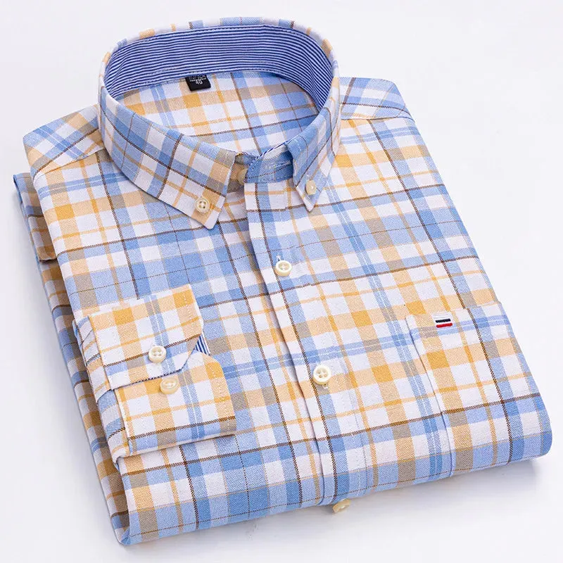 Men's 100% Cotton Long Sleeve Plaid Oxford Shirt: Regular Fit, Formal & Casual, Sizes 5XL-7XL