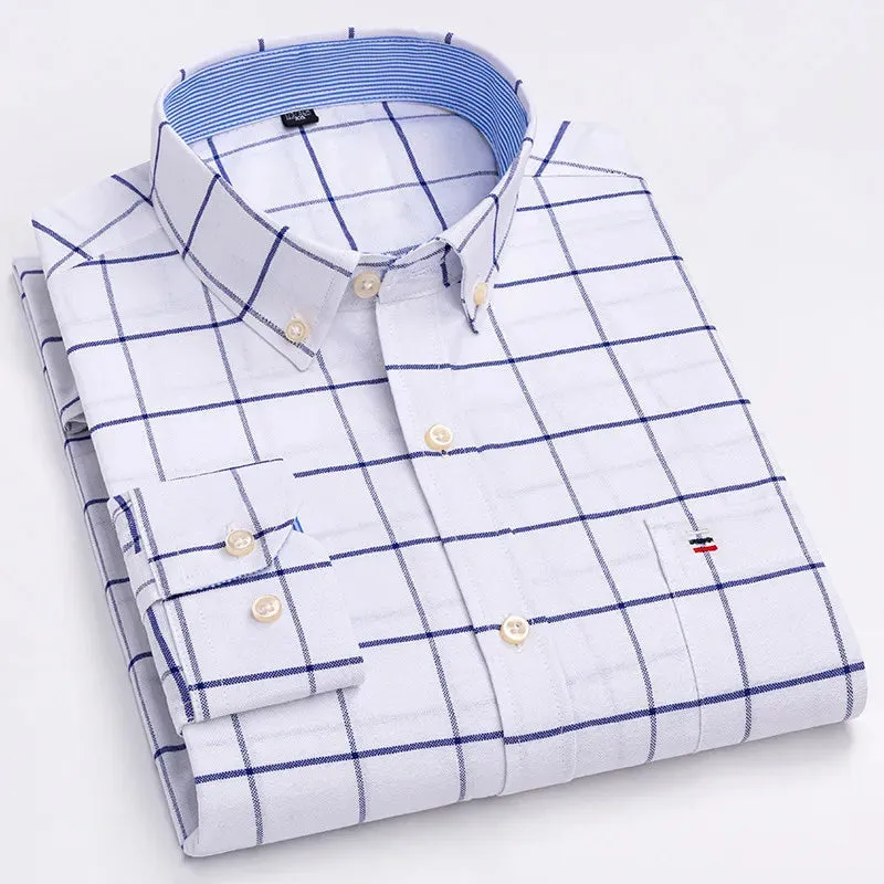 Men's 100% Cotton Long Sleeve Plaid Oxford Shirt: Regular Fit, Formal & Casual, Sizes 5XL-7XL