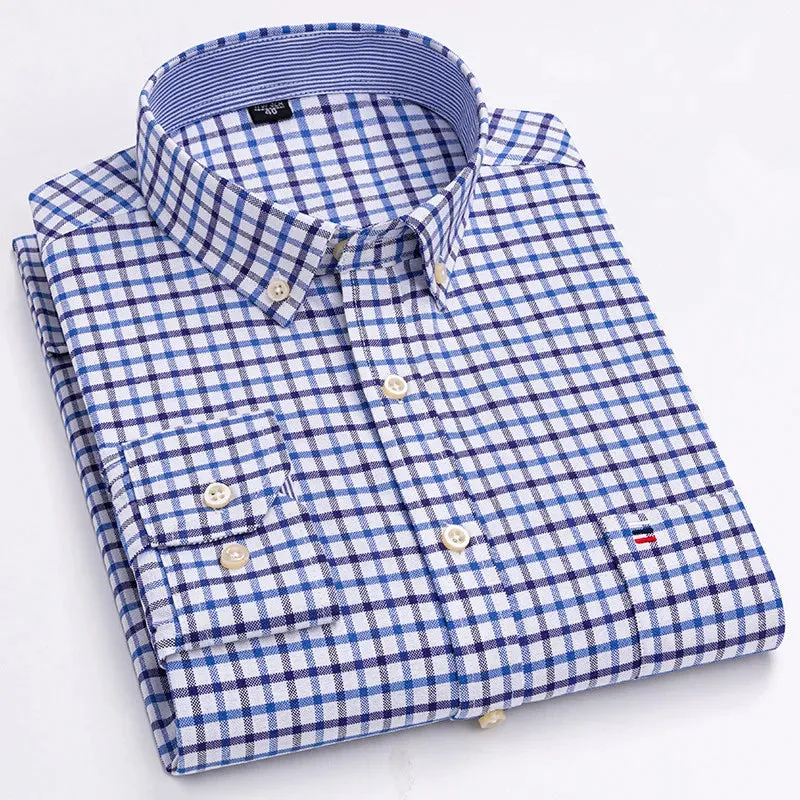 Men's 100% Cotton Long Sleeve Plaid Oxford Shirt: Regular Fit, Formal & Casual, Sizes 5XL-7XL