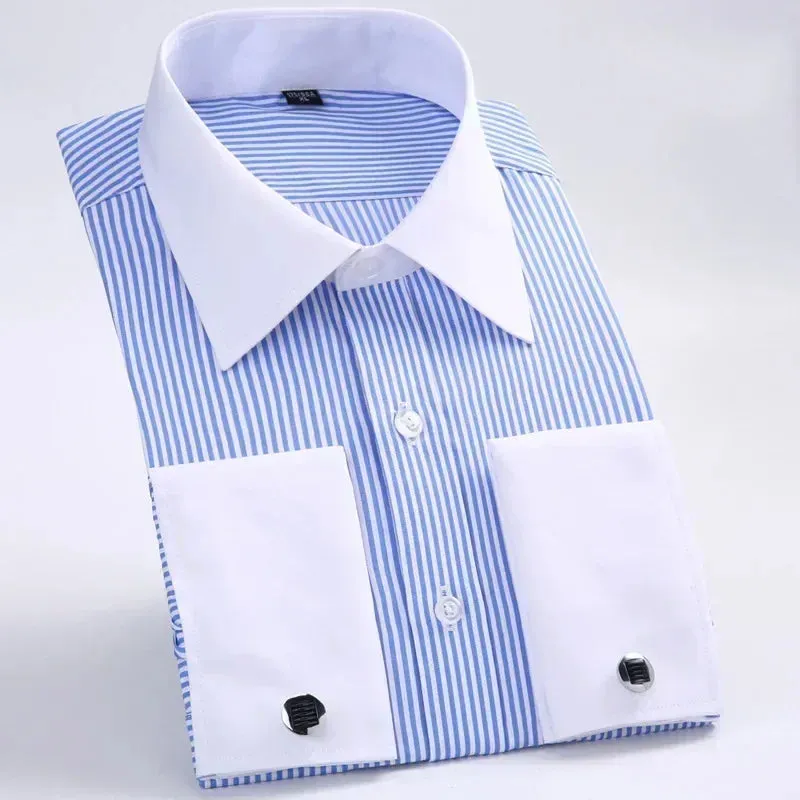 Men's Long Sleeve French Cuff Shirt - Multi-Color, Business Casual, All-Season Gentlemen's Wear