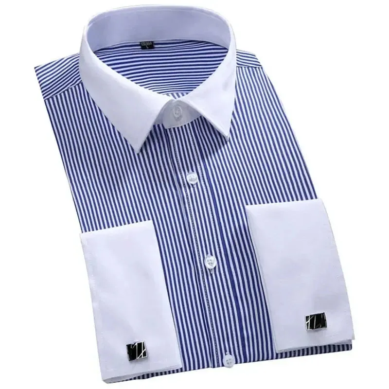 Men's Long Sleeve French Cuff Shirt - Multi-Color, Business Casual, All-Season Gentlemen's Wear