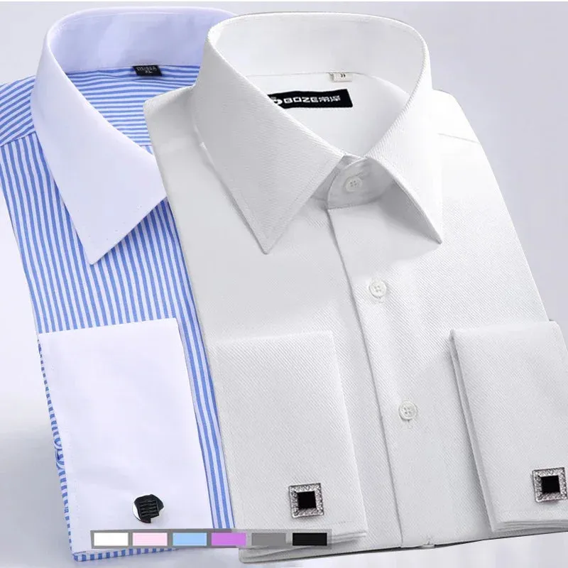 Men's Long Sleeve French Cuff Shirt - Multi-Color, Business Casual, All-Season Gentlemen's Wear